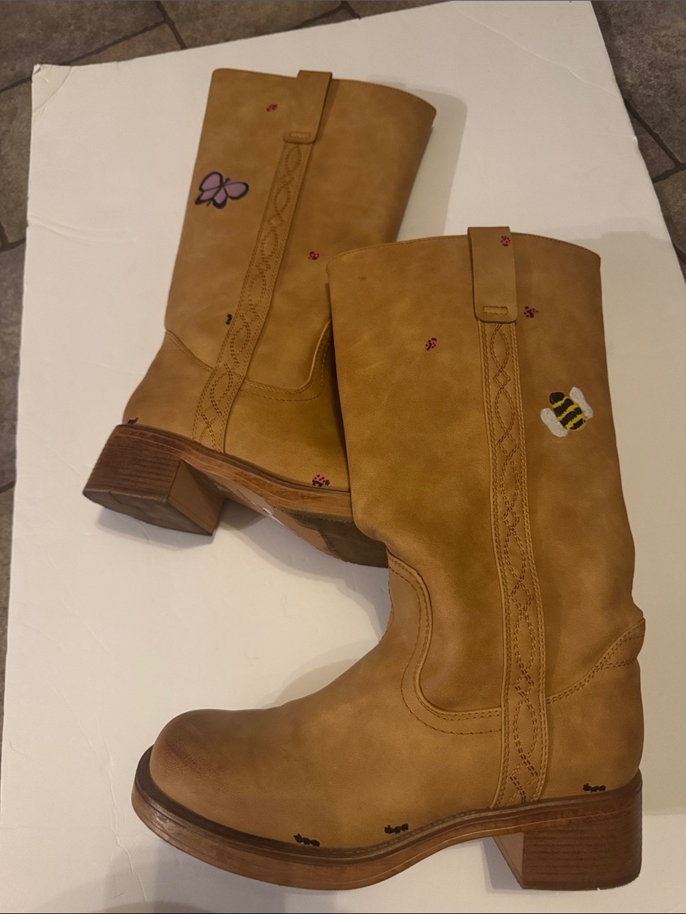 Tan Women's Combat Boots with Bee & Butterfly Painted Bugs